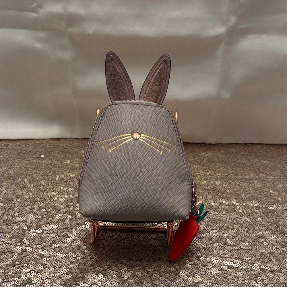 Gray Bunny Coin Purse Kate Spade w Carrot Zip & Fuzzy Tail Leather 2017 - Picture 3 of 10